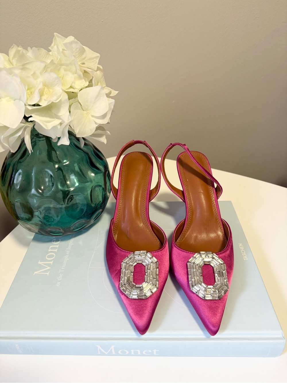 Women's Pink Satin Pointed Slingback Heels with Crystal Detail